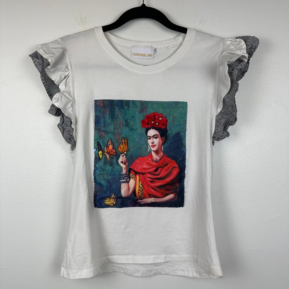 Classic Blue Jeans Womens Frida Kahlo Print Ruffle Short Sleeve White Top Small